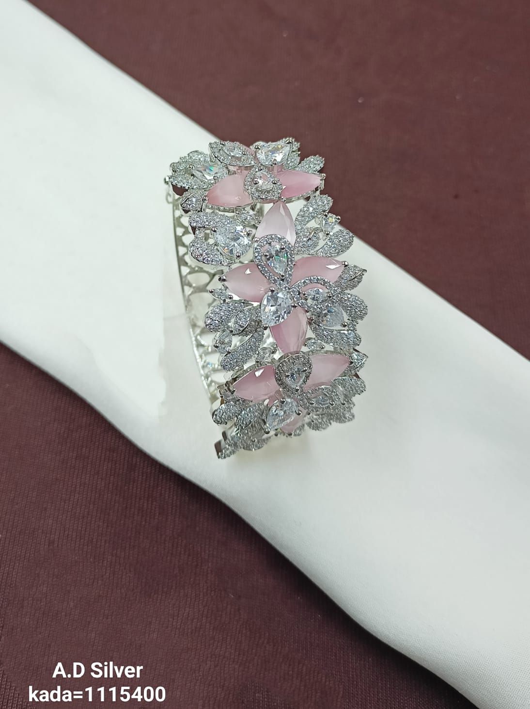 Elegant Floral A.D. Silver Bracelet with Pink and White Stones